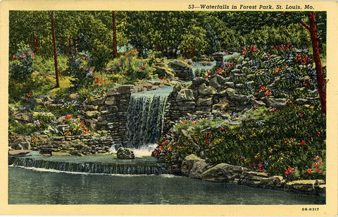 Forest Park Waterfalls Lagoon Drive St. Louis Missouri Vintage Postcard 1944