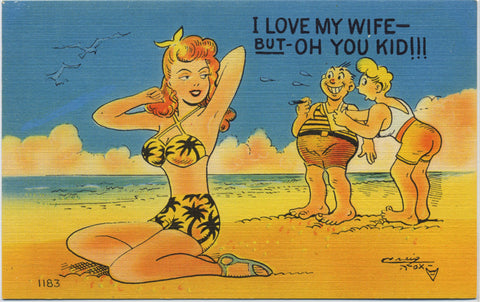 Comic Vintage Postcard - Men Ogling Woman on Bikini on Beach (unused) - Vintage Postcard Boutique