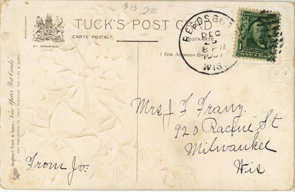 1908 New Year Winter Holly Bell TUCK'S Embossed Postcard Vintage 1907