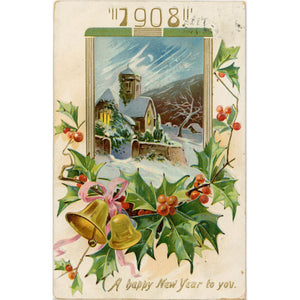1908 New Year Winter Holly Bell TUCK'S Embossed Postcard Vintage 1907 - Vintage Postcard Boutique
