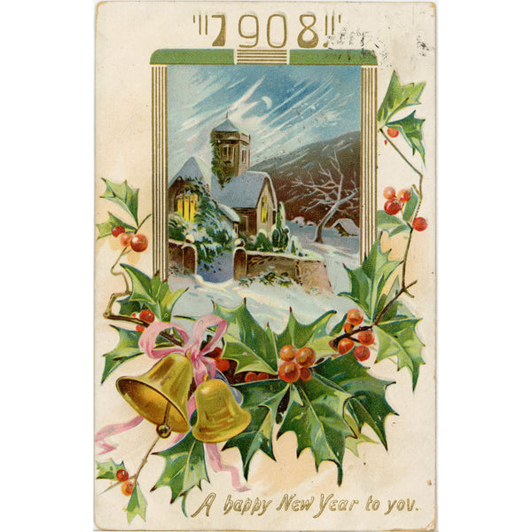 1908 New Year Winter Holly Bell TUCK'S Embossed Postcard Vintage 1907