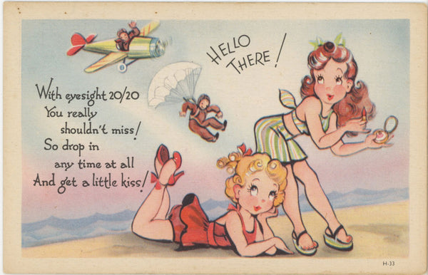WW2 Hello There Sexy Girls & Parachuter Vintage Comic Postcard (unused)