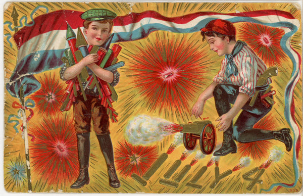 Fourth of July Boys Lighting Firecrackers Vintage Patriotic Postcard 1914