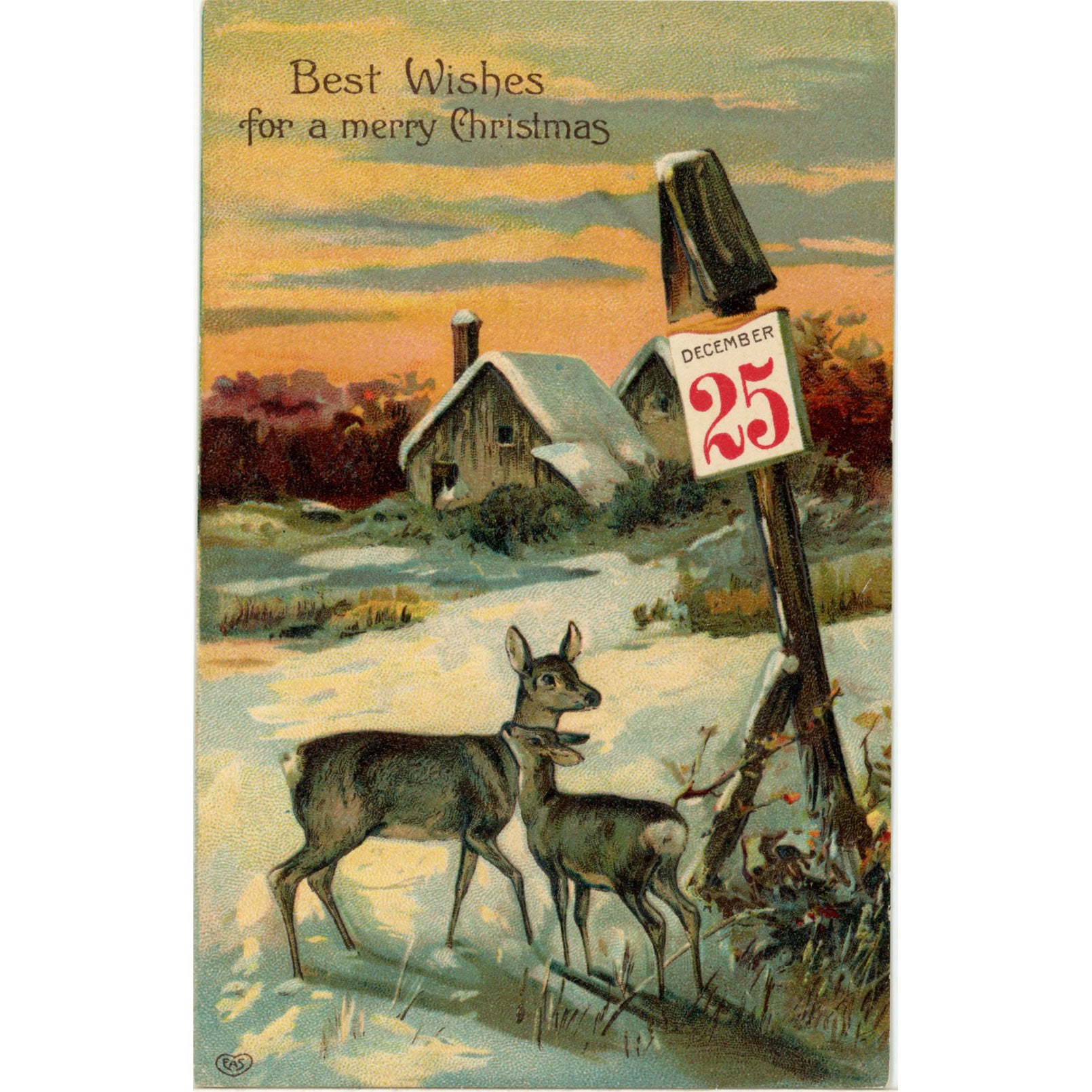 Vintage Christmas EAS Embossed Deer Snow Scene Postcard c1910