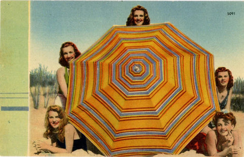Bathing Beauties Around Giant Umbrella on Beach Vintage Postcard (unused)