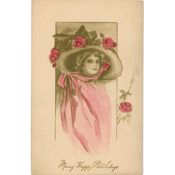 Vintage Gibson Girl Birthday Greetings Pretty Lady Postcard 1910 (unused)