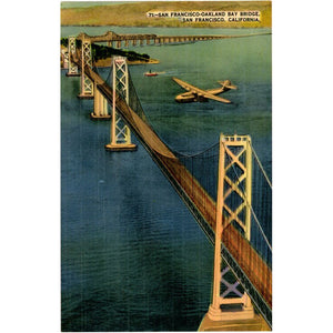 Plane Flying Over San Francisco-Oakland Bay Bridge California Vintage Postcard (unused)