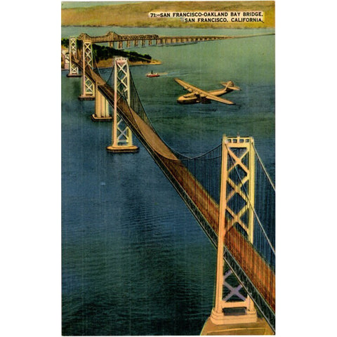 Plane Flying Over San Francisco-Oakland Bay Bridge California Vintage Postcard (unused)
