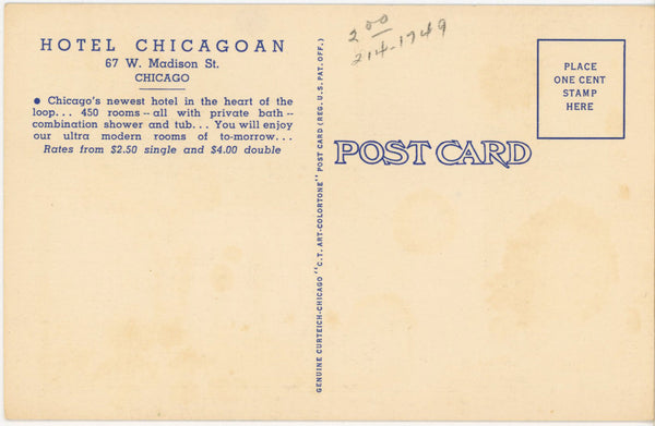 Chicagoan Hotel Chicago Illinois Vintage Postcard (unposted)