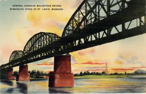 St. Louis Missouri General Macarthur Bridge Sunset Mississippi River Vintage Postcard 1946
