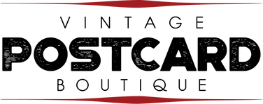 A logo-style graphic reading 'VINTAGE POSTCARD BOUTIQUE' in black text on a white background with red horizontal bars at the top and bottom.