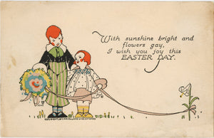 Vintage Easter Postcard P.F. Volland Boy & Girl with Flower Bouquet 1917 (unused) - Vintage Postcard Boutique