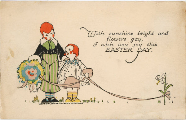 Vintage Easter Postcard P.F. Volland Boy & Girl with Flower Bouquet 1917 (unused) - Vintage Postcard Boutique
