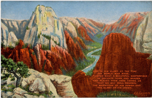 Great White Throne Zion National Park L. H. Dude Larsen Vintage Postcard 1940