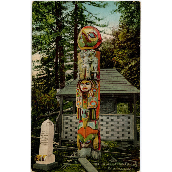 Totem Pole Indian Cemetery Ketchikan Alaska Native American Vintage Postcard c 1910s