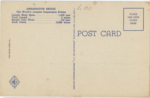 Ambassador Bridge Detroit Michigan Windsor Canada Vintage Postcard (unposted)