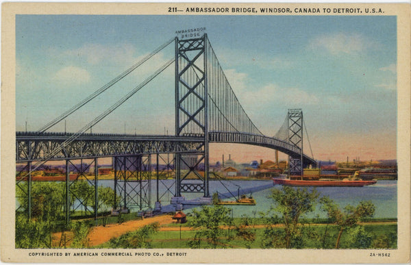 Ambassador Bridge Detroit Michigan Windsor Canada Vintage Postcard (unposted)