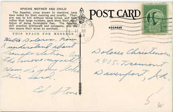Apache Mother & Child Vintage Native American Postcard 1944