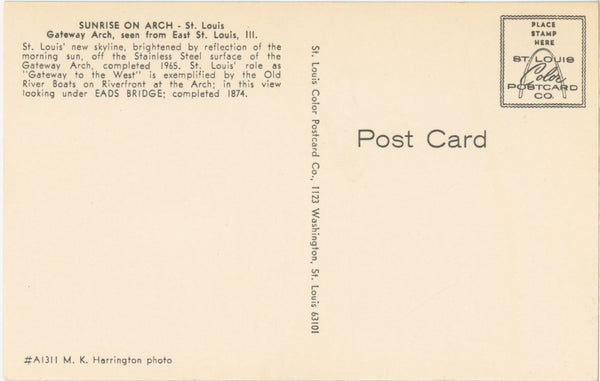 Gateway Arch Sunrise St. Louis Missouri Mississippi River Vintage Postcard (unposted)
