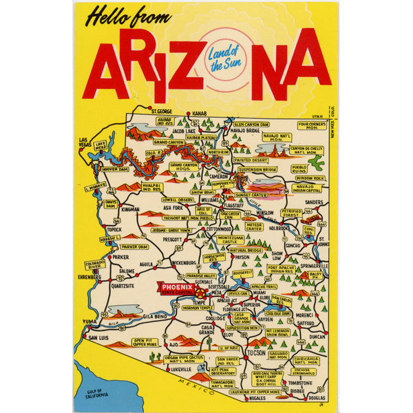 Arizona Land of Sun State Map Vintage Postcard (unused)