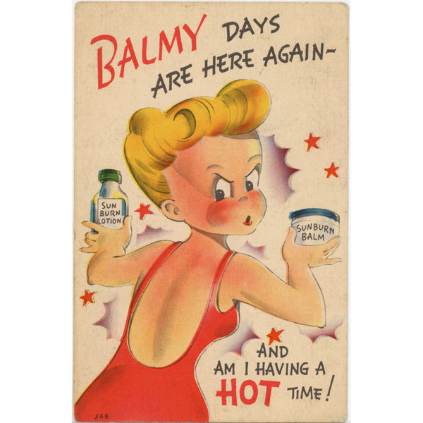 Balmy Days Woman in Swimsuit Having Hot Time Vintage Comic Postcard (unposted)