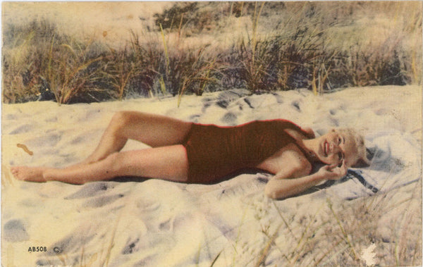 Bathing Beauty Pin-Up Girl on Sandy Beach Vintage Postcard (unused)