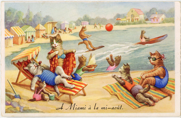 Dressed Cats at Beach Anthropomorphic French Vintage Postcard c 1950s