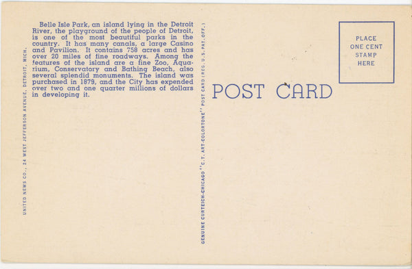Belle Isle Park Casino & Lagoon Detroit Michigan Vintage Postcard (unposted)