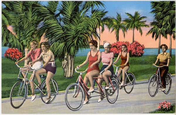 Ladies Biking on Lake Worth Trail in Palm Beach Florida Vintage Postcard (unposted)