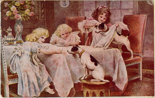 Dogs & Little Girls Birthday Party Vintage Postcard c 1910s