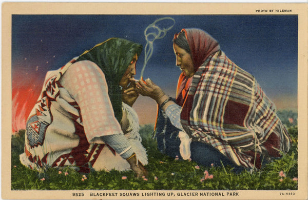 Blackfeet Squaws Lighting Up Glacier National Park Vintage Native American Postcard (unposted)