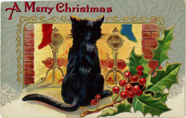 Vintage Embossed Christmas Postcard Black Kitten by Fireplace 1913