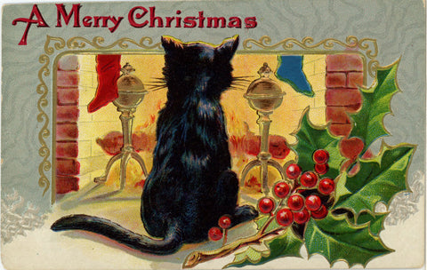 Vintage Embossed Christmas Postcard Black Kitten by Fireplace 1913