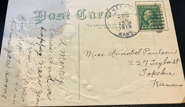 Vintage Embossed Christmas Postcard Black Kitten by Fireplace 1913