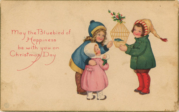 Vintage Christmas Children Bluebird Postcard STECHER c1910 - Vintage Postcard Boutique