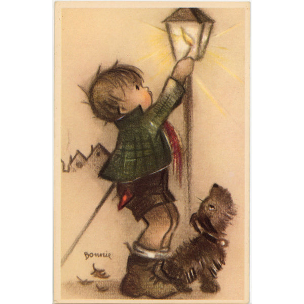 Alfred Mainzer Dog and Boy Lantern signed BONNIE Vintage Postcard