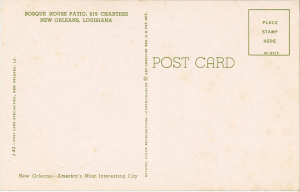 New Orleans Louisiana Bosque House Patio Vintage Postcard 1950s (unposted)