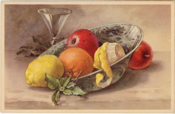 Bowl of Fruit Still Life Vintage Botanical Art Postcard c. 1920s (unposted)