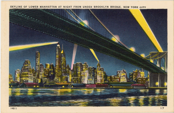 Brooklyn Bridge & Lower Manhattan Skyline at Night New York City Vintage Postcard (unposted)