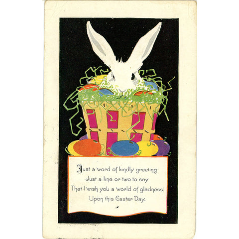 Easter Bunny in Basket of Eggs Vintage Embossed Postcard 1928