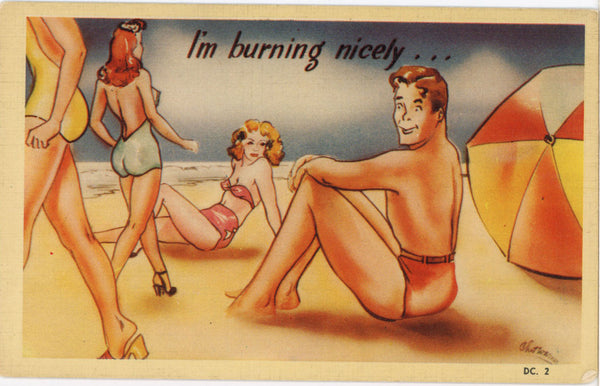 I'm Burning Nicely Sexy Sunbathers on Beach Vintage Comic Postcard (unused) - Vintage Postcard Boutique