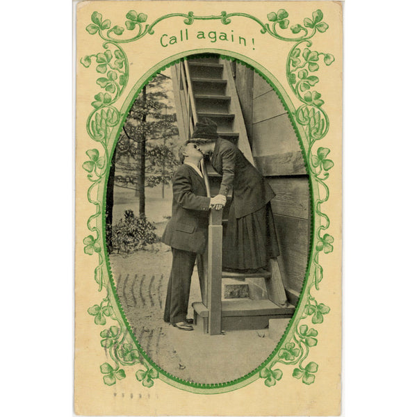 Romantic Couple Kissing After Date "Call Again" Vintage Postcard 1912