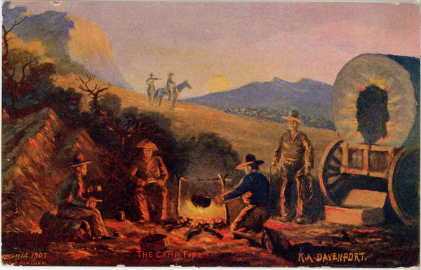 The Campfire signed DAVENPORT Vintage Western Postcard 1907 (unposted)