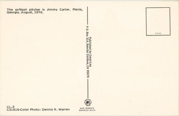President Jimmy Carter Playing Softball Plains Georgia Vintage Postcard (unposted)