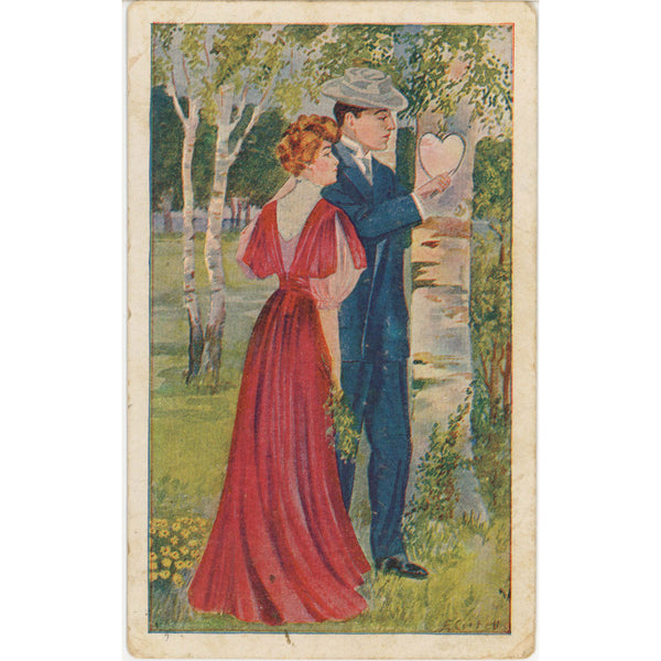 Romantic Couple Carving Heart in Birch Tree Vintage Postcard c 1910s