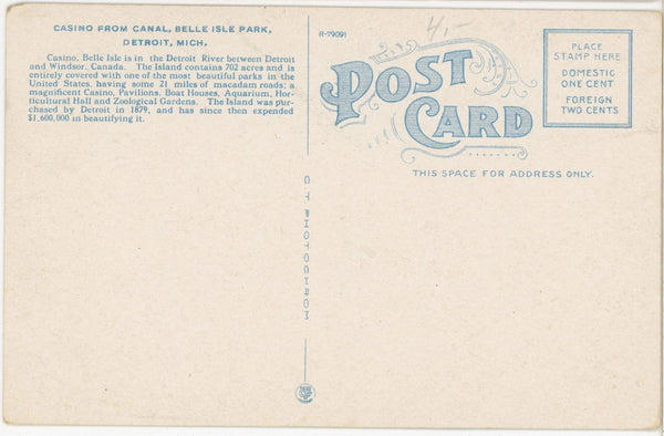Casino from Canal Belle Isle Park Detroit Michigan Vintage Postcard c. 1910s