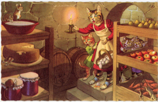 Anthropomorphic Dressed Cats in Root Cellar Alfred Mainzer Vintage Postcard (unposted)