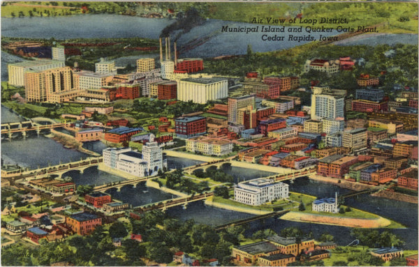 Cedar Rapids Iowa Aerial Municipal Island Loop Districts Vintage Postcard (unposted)