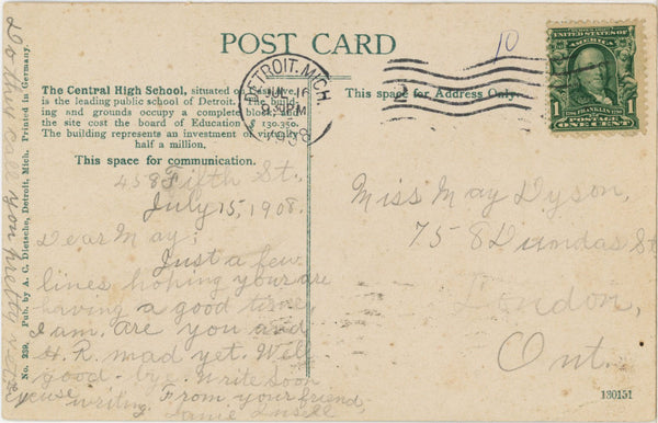 Central High School Detroit Michigan Vintage Postcard 1908
