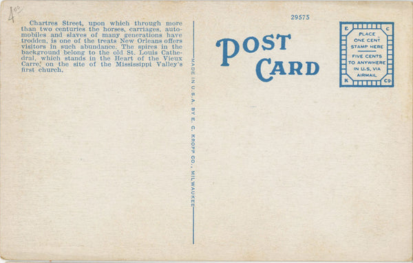 New Orleans Louisiana Chartres Street Vintage Postcard c. 1920s (unposted)